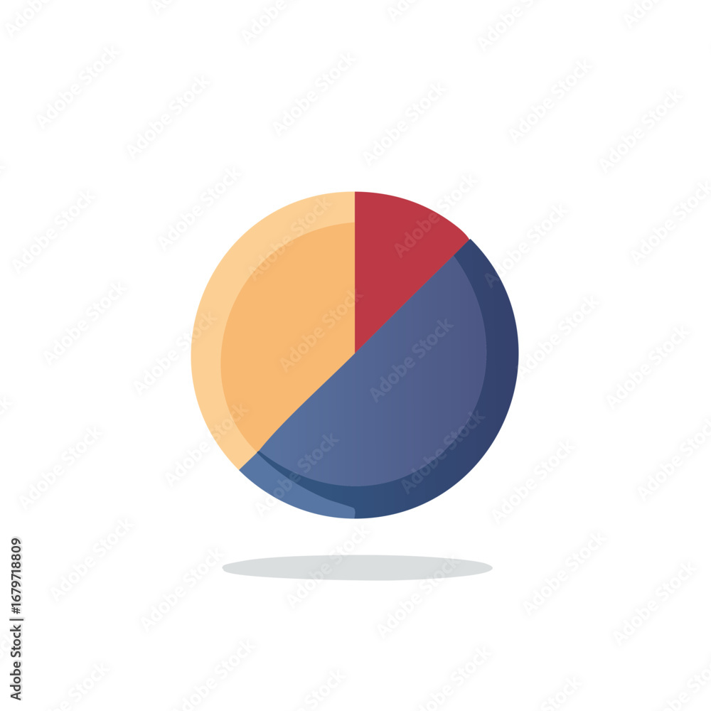 Poster colorful three-part pie chart icon graphic with shadow, for business and data analysis