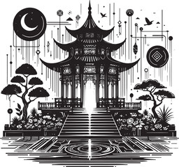 Intricate Black and White Illustration of a Traditional Asian Temple and Garden Scene