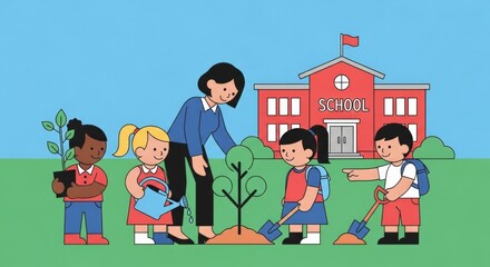 Teacher and Diverse Students Planting a Tree Together Outside a Red School Building