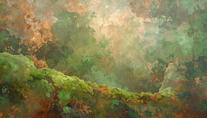 Mossy Cliffside Abstract Landscape with Earthy Tones and Crackled Texture