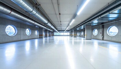 Contemporary parking garage featuring circular windows offering natural light and architectural