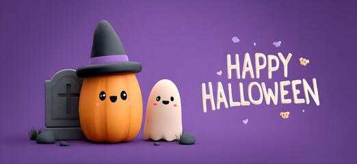 Cute cartoon pumpkin wearing a witch hat and a friendly ghost standing next to a tombstone with happy halloween text