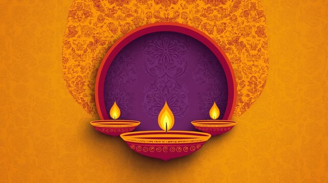Diwali lamps burning on mandala randoli patterns on yellow background - Happy Diwali poster design
