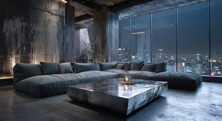 Modern loft interior with large sectional sofa, concrete walls, and panoramic windows overlooking the city skyline at night. 