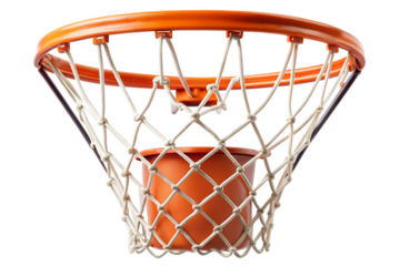 Upward view of an orange basketball hoop with a white net, isolated on transparent background, ready for a game or practice session