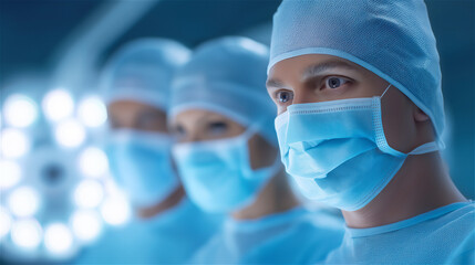 Surgeons in operating room wearing blue masks and surgical gowns