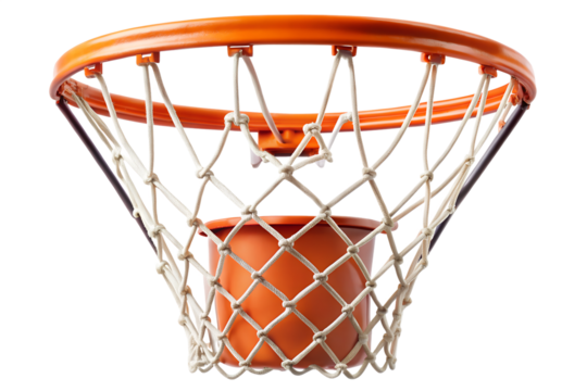 Upward view of an orange basketball hoop with a white net, isolated on transparent background, ready for a game or practice session