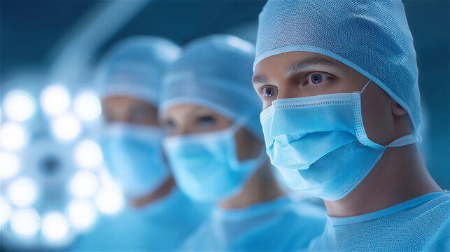 Surgeons in operating room wearing blue masks and surgical gowns - Powered by Adobe