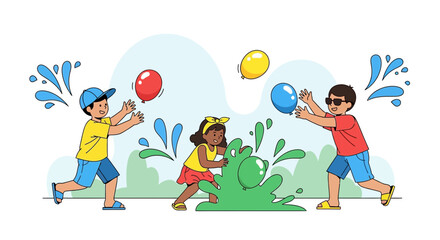 Fototapeta premium Children Playing with water balloons in the summer fun and joy, vector illustration design