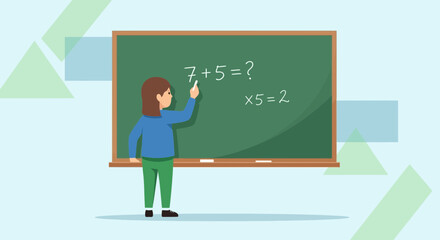 Childrens Education Depicted With A Teacher At The Board And Mathematical Symbols
