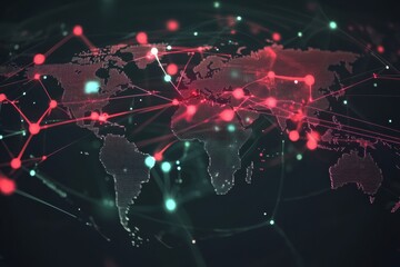 Global network connections represented through digital map with nodes and lines highlighting data flow and technological advancement across continents