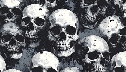 A design pattern featuring many detailed skulls in grayscale tones, arranged densely over a dark background.