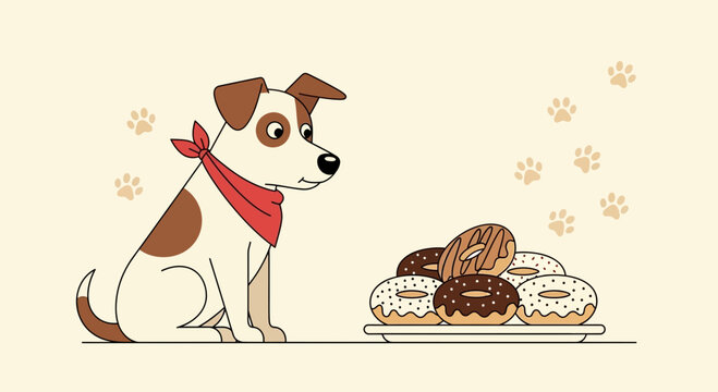 Curious Dog Contemplates Delicious Donuts and Paw Prints in Whimsical Illustration - Powered by Adobe