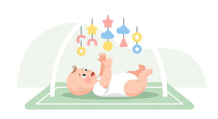 Child's Joyful Playtime: Infant Lying Under Play Gym with Engaging Toys and Excitement