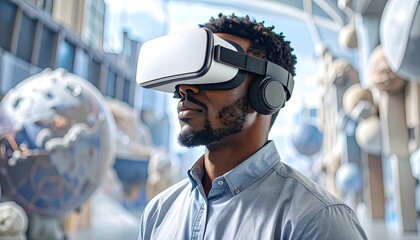 Man Wearing VR Headset Experiencing Immersive Digital Painting