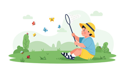 Obraz premium Child's Joyful Summer Fun, Chasing Butterflies with Net in a Green Meadow