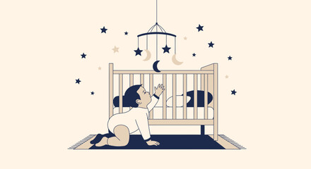 Curious Infant Reaches For a Mobile Above the Crib in a Dreamy Nursery Scene
