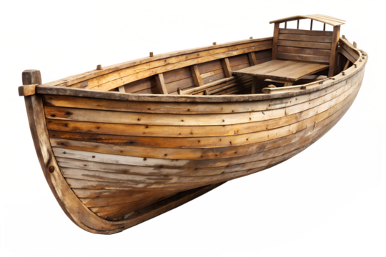 Old wooden rowboat isolated on transparent background, showcasing its vintage charm, rustic texture, and nautical appeal for transportation and leisure