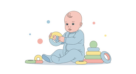 Fototapeta premium Curious Toddler Playing With Colorful Rings And A Pyramid-Shaped Toy On White
