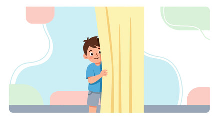 Obraz premium Curious Young Boy Peeking Behind a Bright Yellow Curtain in a Playful Illustration
