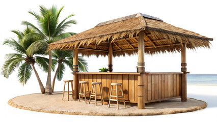 A tropical beach bar hut with palm trees isolated on transparent background, perfect for summer vacation and relaxation getaway concept