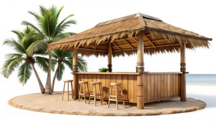 A tropical beach bar hut with palm trees isolated on transparent background, perfect for summer vacation and relaxation getaway concept