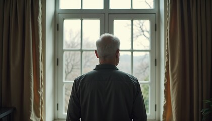 Elderly man with with Alzheimer's decease standing by the window alone, indoor home environment