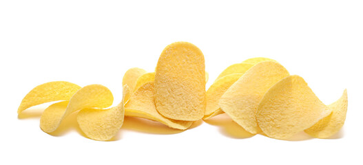 potato chips with sour cream and onion flavor isolated on white background, side view