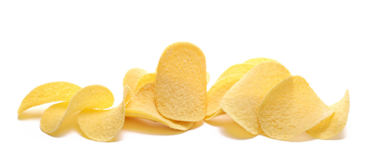 potato chips with sour cream and onion flavor isolated on white background, side view