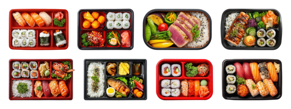 PNG Colorful sushi bento box assortment, element set on transparent background