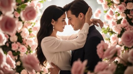 Romantic couple embrace in blossoming garden: a moment of intimacy surrounded by pink roses - Powered by Adobe