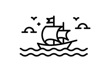 Simple Line Art Illustration of a Sailing Ship at Sunrise