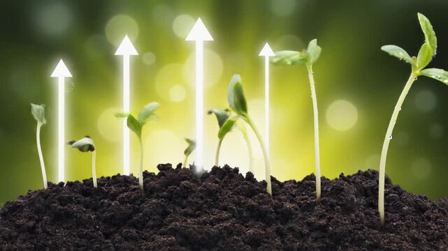 Fresh green seedlings emerging from rich soil with sunlight and growth arrows in the background