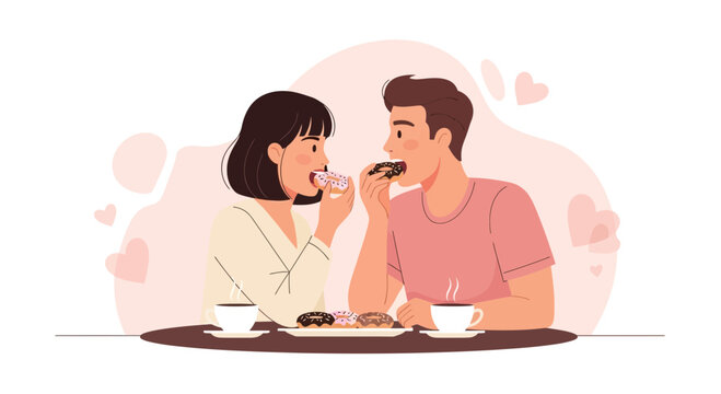 Couple Eating donuts and Drinking coffee, Romantic Date, Love and Sweet food concept