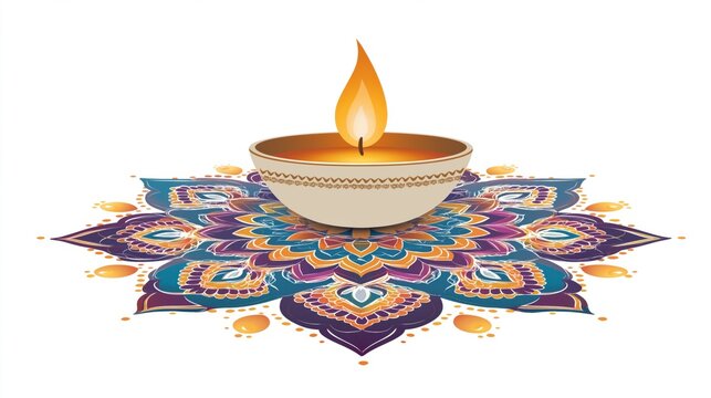 Illustration of Diwali diya lamp with colorful mandala rangoli patterns on white background