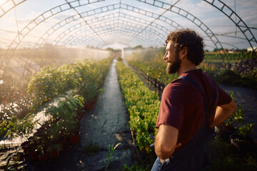Satisfied worker watching sprinkler irrigation at his farm.