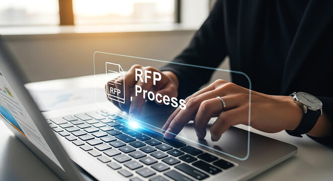 Person typing on laptop with rfp process overlay and wearing a watch on their left wrist - Powered by Adobe