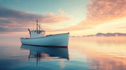 Naklejka premium Serene sunrise over calm coastal waters with a white fishing boat gliding through the scene