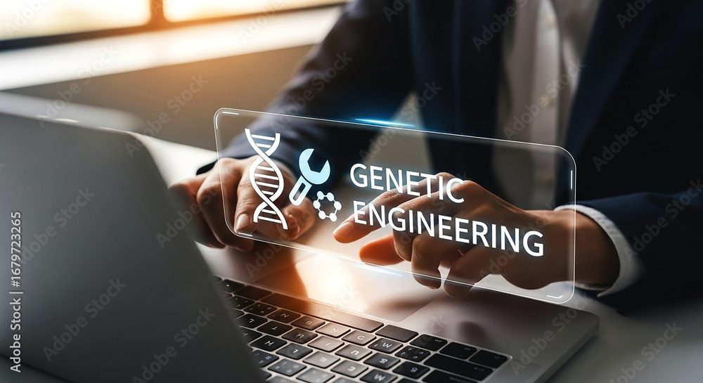 Poster person using laptop with genetic engineering interface overlayed on the screen and hands visible