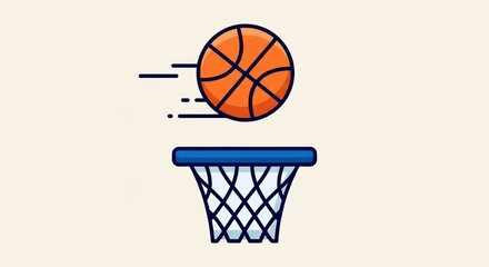 Orange Cartoon Basketball with Motion Lines Flying Towards a Blue Hoop Net