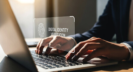 Person typing on a laptop with digital identity verification overlay on the screen display panel