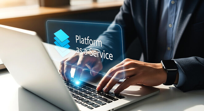 Person typing on laptop with platform as a service overlay and wearing a smart watch on their wrist - Powered by Adobe