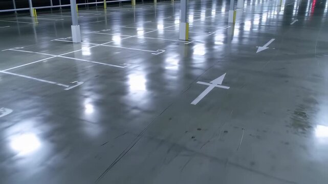 Aerial Perspective of Empty Parking Garage Bays with Directional Arrows and Concrete Pillars