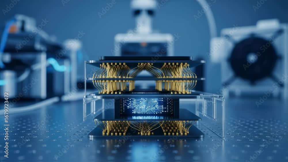 Poster detailed view of multilayered qubitchip packaging with gold bonding wires and tiny superconducting c