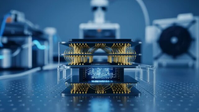 Detailed view of multilayered qubitchip packaging with gold bonding wires and tiny superconducting circuits inside a temperaturecontrolled quantum lab.