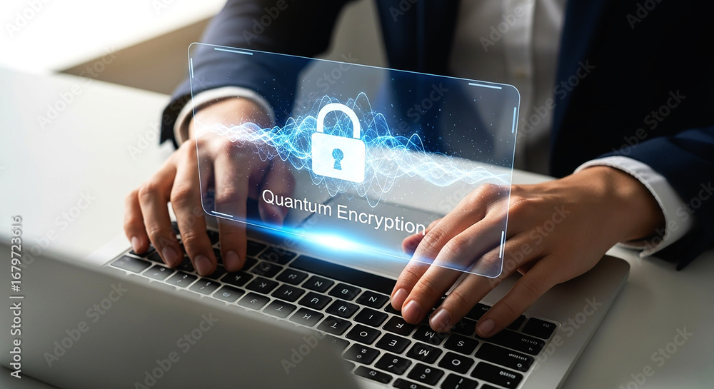 Aufkleber person typing on a laptop with quantum encryption overlay and a padlock security icon on screen