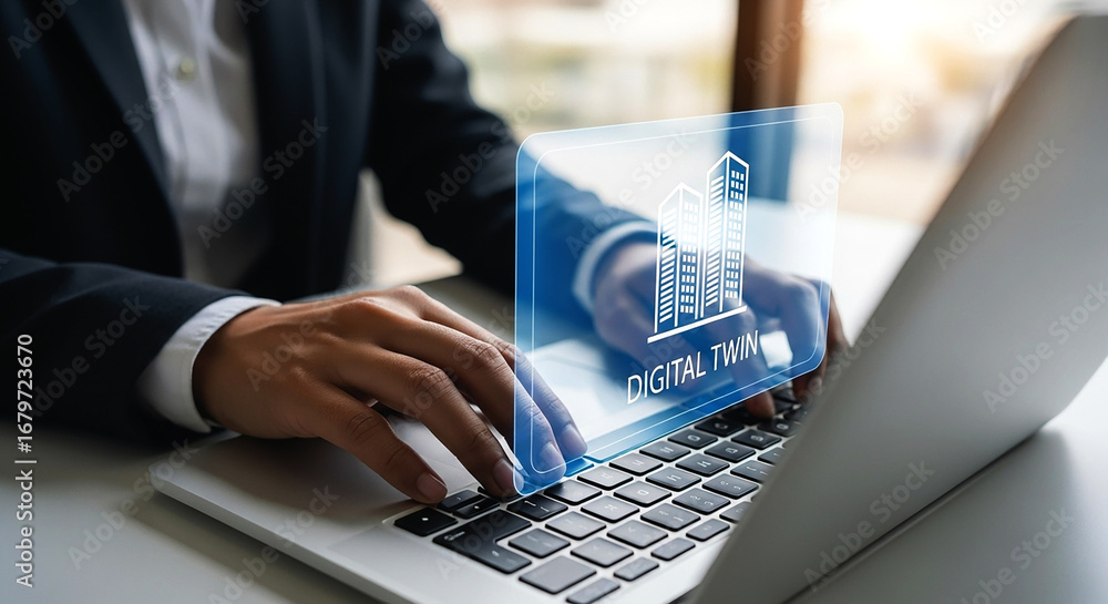 Aufkleber person using laptop with digital twin building graphic overlay for architecture design and engineeri