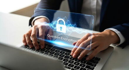 Person typing on a laptop with quantum encryption overlay and a padlock security icon on screen