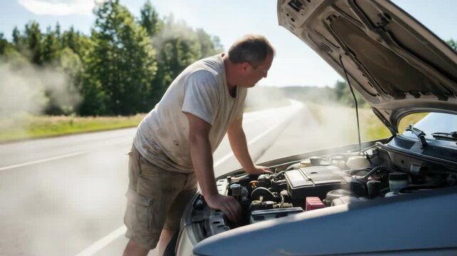 Man examining overheated car on sunny rural roadside for engine troubleshooting