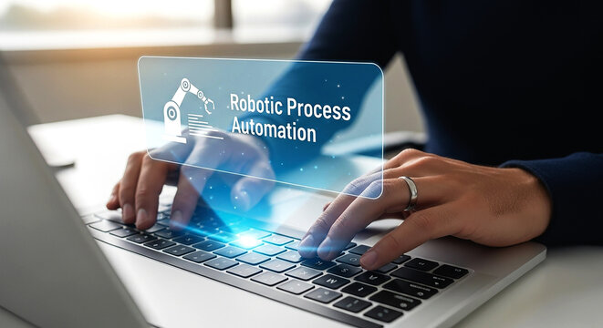 Person typing on laptop with robotic process automation overlay and bright light in the background